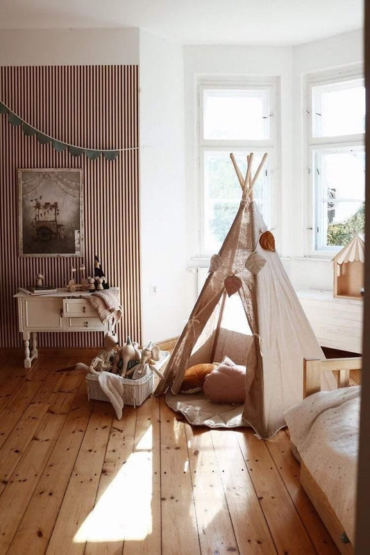 ‚ÄúNatural Linen‚Äù Teepee Tent and White and Grey Leaf Mat Set