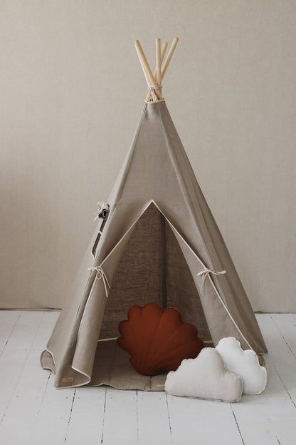 ‚ÄúNatural Linen‚Äù Teepee Tent and White and Grey Leaf Mat Set