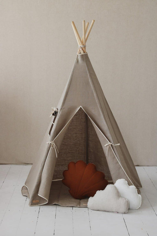 ‚ÄúNatural Linen‚Äù Teepee Tent and White and Grey Leaf Mat Set