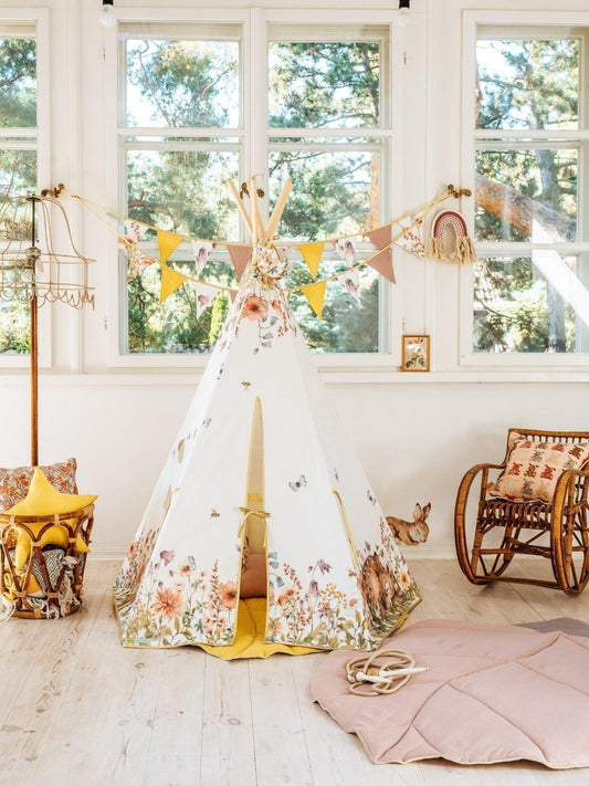 ‚ÄúWildflowers‚Äù Teepee and Powder Pink Leaf Mat Set
